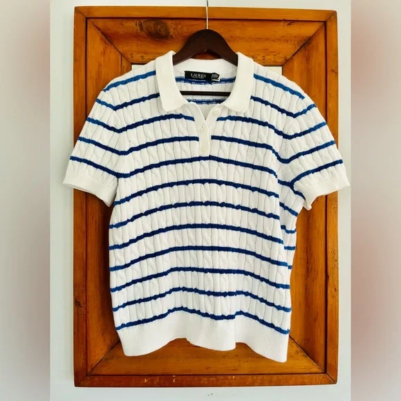 NWT Ralph Lauren White and Blue Cable Knit Polo - Picture 3 of 8